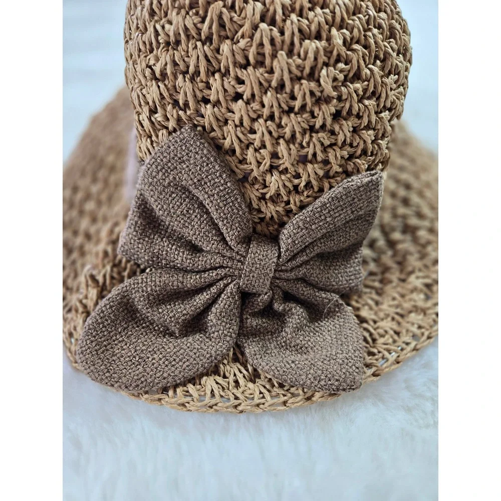 Woven Straw‎ Sun Hat with Brown Bow Accent Tan Cottagecore Summer Beach Hat